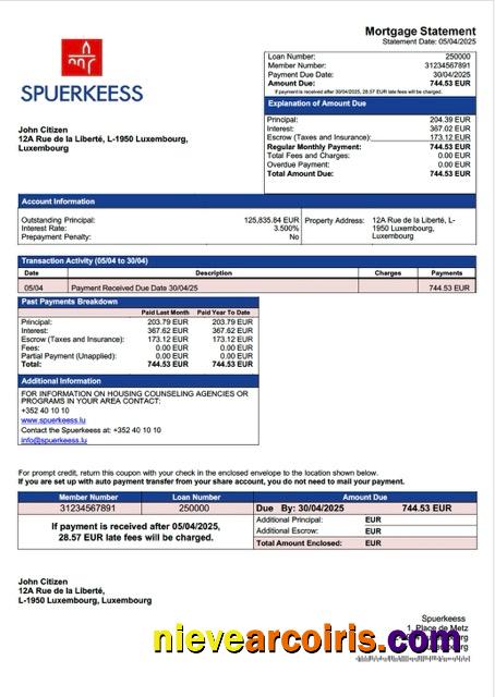 Luxembourg Spuerkeess Bank mortgage statement Word and PDF template
